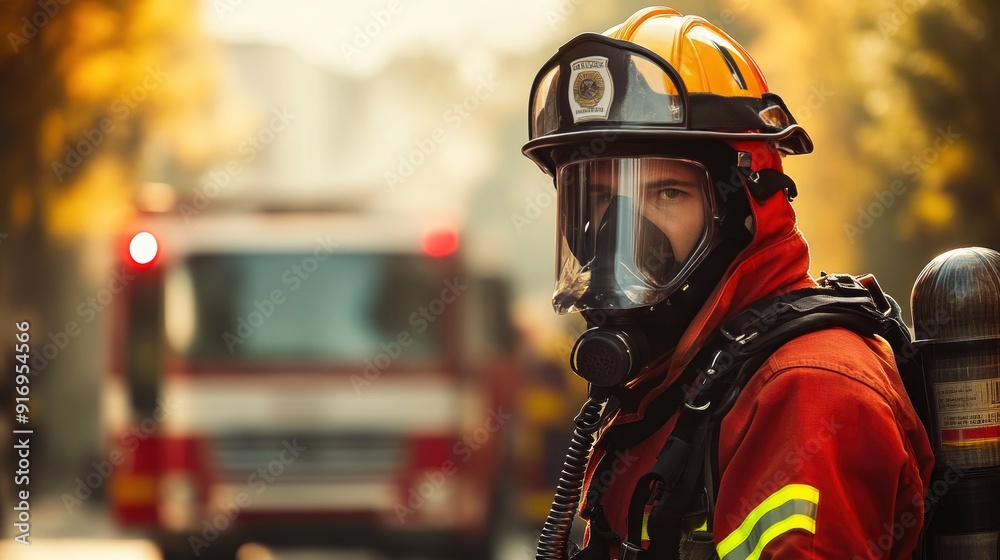 Naklejka premium Firefighter in Protective Gear with Firetruck Ready for Emergency