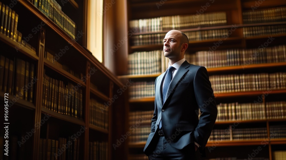 Lawyer in a Suit Posing in Law Library with Clear Copy Area