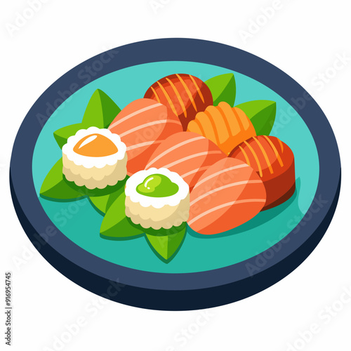 A Plate of Sushi with Salmon, Tuna, and Wasabi