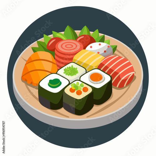 Assorted Sushi Rolls and Sashimi on a Plate