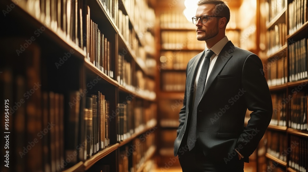 Lawyer in Formal Outfit in Front of Library Shelves Lawyer in Formal Outfit in Front of Library Shelves