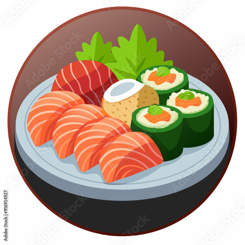 Plate of Sushi with Salmon and Green Seaweed Rolls