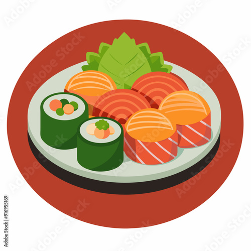 Plate of Sushi with Salmon, Maki, and Wasabi