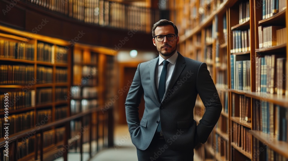 Elegant Lawyer Posing in Law Library with Copy Space Elegant Lawyer Posing in Law Library with Copy Space