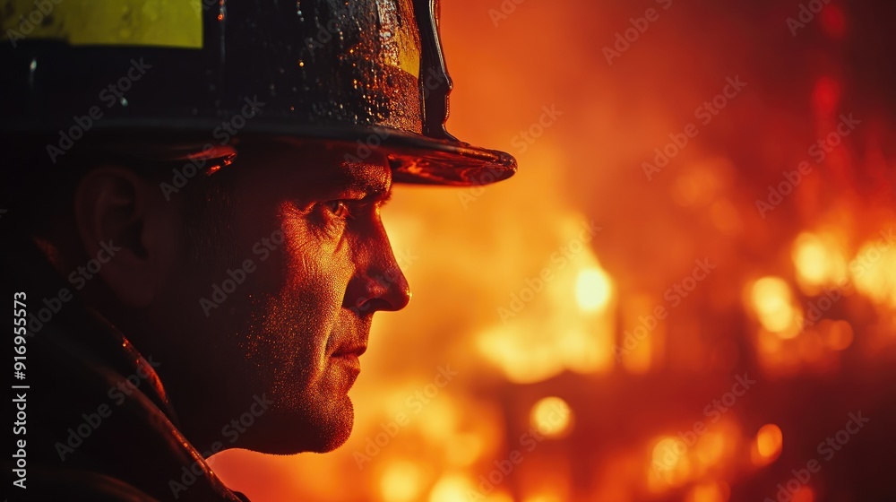 Profile Shot of Firefighter with Burning Building Profile Shot of Firefighter with Burning Building