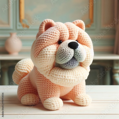 Cute handmade crochet dog plush toy on a table in an elegant room, perfect for children and craft enthusiasts. photo