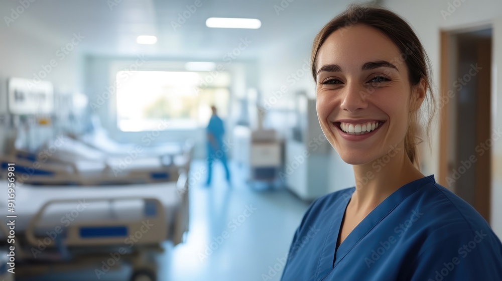 Nurse Beaming with a Hospital Ward in the Backdrop Nurse Beaming with a Hospital Ward in the Backdrop