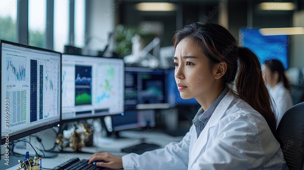 Asian Female Scientist Examining Weather Data in Lab Asian Female Scientist Examining Weather Data in Lab