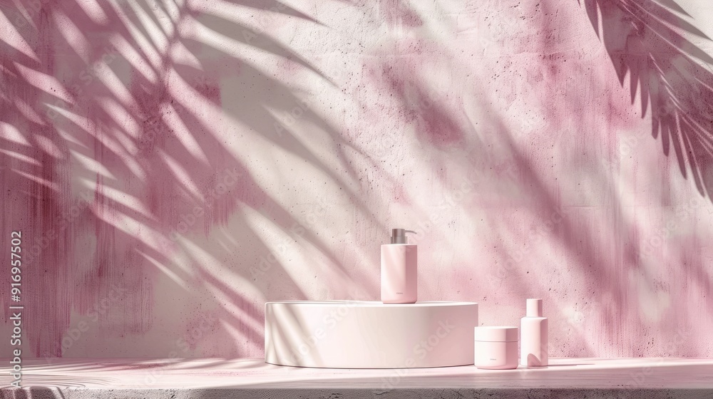 Subtle product setup with leaf shadows on concrete wall. Viva Magenta Pantone hue. Beauty product promotion mockup. Stylish interior scene Subtle product setup with leaf shadows on concrete wall. Viva Magenta Pantone hue. Beauty product promotion mockup. Stylish interior scene
