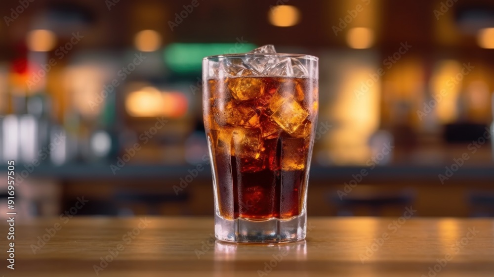 Refreshing Glass of Soda with Ice on a Bar Counter Refreshing Glass of Soda with Ice on a Bar Counter