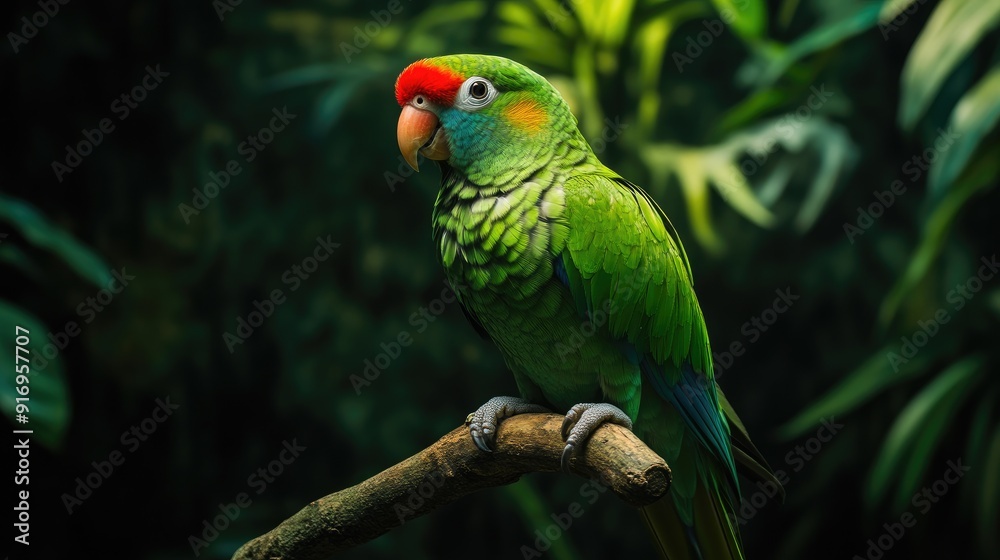 Green Parrot with Blue Crown in Tropical Habitat Green Parrot with Blue Crown in Tropical Habitat