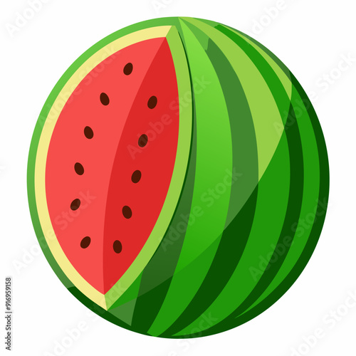Half-Eaten Watermelon with Green Stripes and Black Seeds