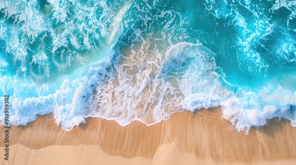 Aerial beach view for tranquil summer vacation banner with blue ocean waves seen from above Aerial beach view for tranquil summer vacation banner with blue ocean waves seen from above