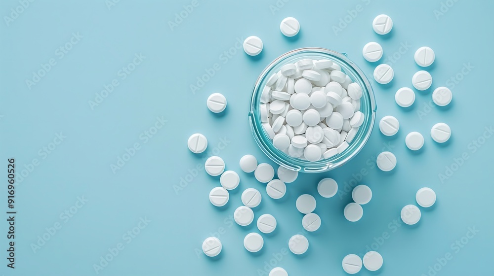 White pills strewn from a container under the light. Generative Ai White pills strewn from a container under the light. Generative Ai