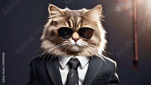 A bossy cat in a black business suit wearing black sunglasses against the dark background