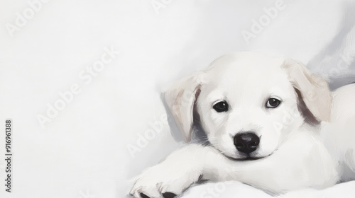 Charming artwork featuring an adorable puppy cozying up in a soft, white blanket, exuding innocence and warmth, making it an endearing sight for animal lovers.