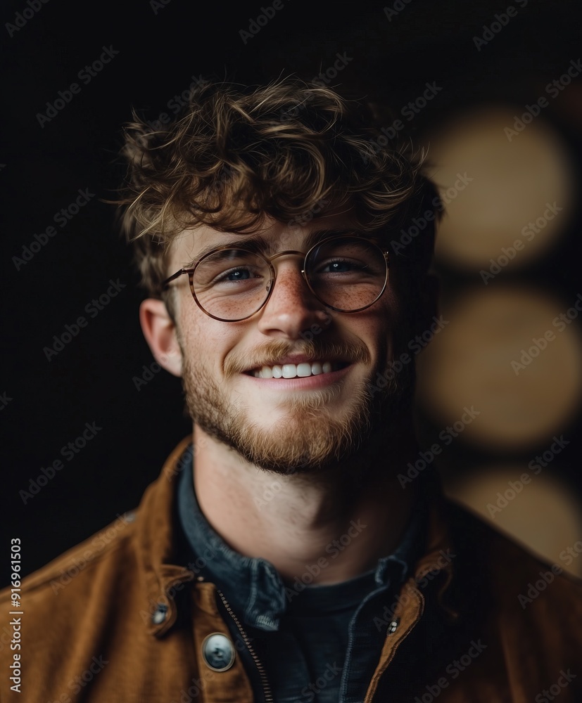 Obraz premium Smiling young Caucasian man with curly hair and glasses wearing a brown jacket, in a warmly lit environment.