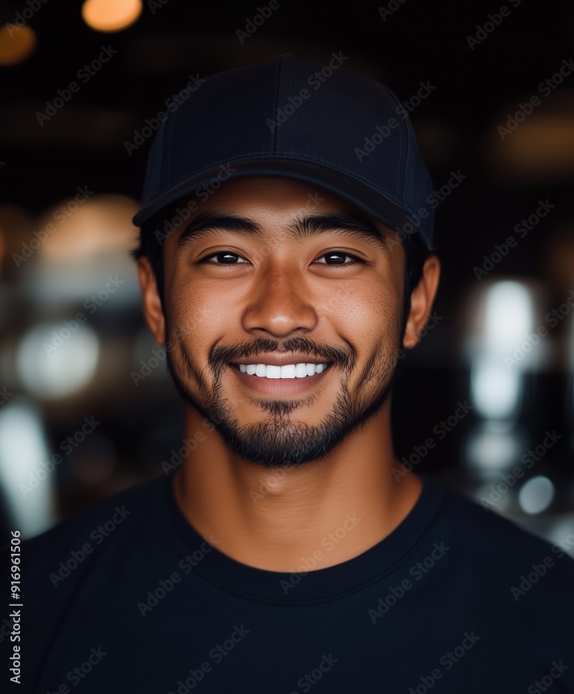 Smiling young Filipino man with short black hair wearing a cap, standing confidently in a dimly lit environment. Smiling young Filipino man with short black hair wearing a cap, standing confidently in a dimly lit environment.
