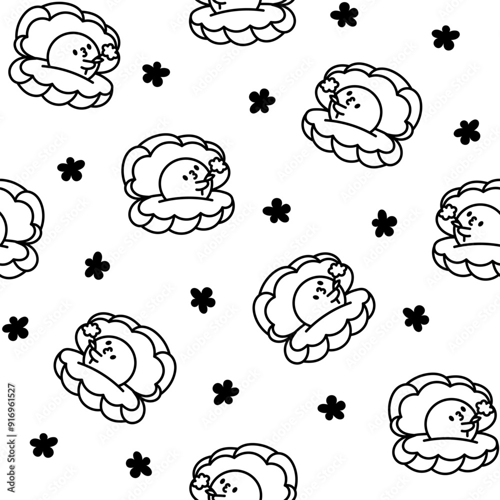Cartoon kawaii seashell with a pearl. Seamless pattern. Coloring Page. Funny aquatic life. Hand drawn style. Vector drawing. Design ornaments. Cartoon kawaii seashell with a pearl. Seamless pattern. Coloring Page. Funny aquatic life. Hand drawn style. Vector drawing. Design ornaments.