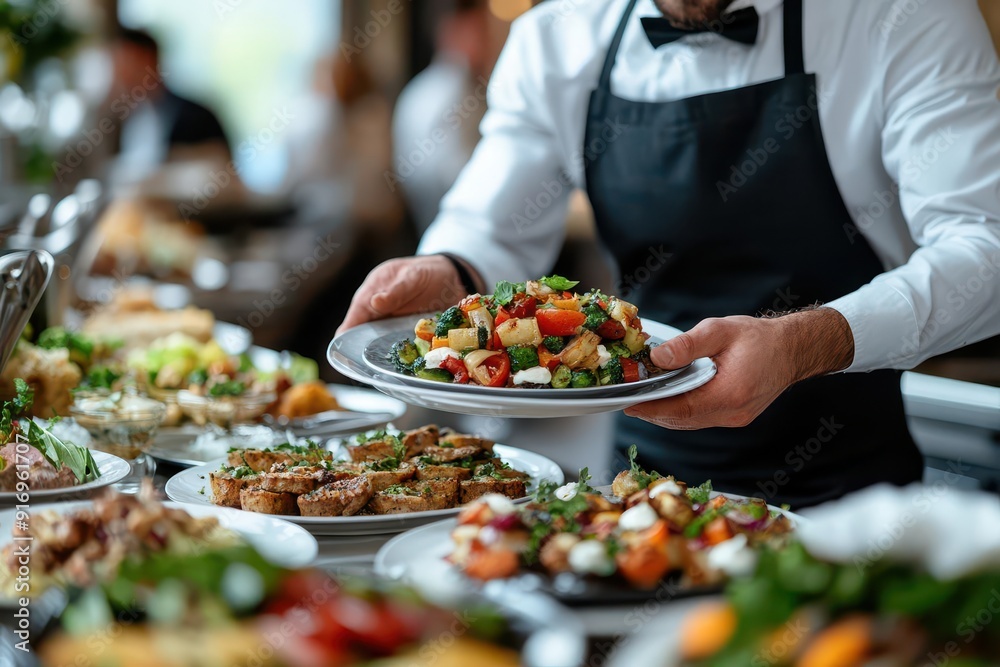 elegant waiter balancing multiple plates of gourmet dishes soft focus background of luxurious event venue elegant waiter balancing multiple plates of gourmet dishes soft focus background of luxurious event venue