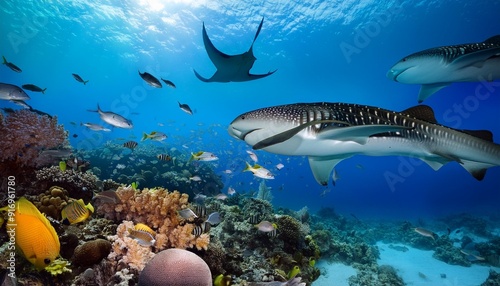 a picture of a beautiful coral reef with tropical fish whale sharks hammerhead sharks zebra sharks and sea turtles were spotted here