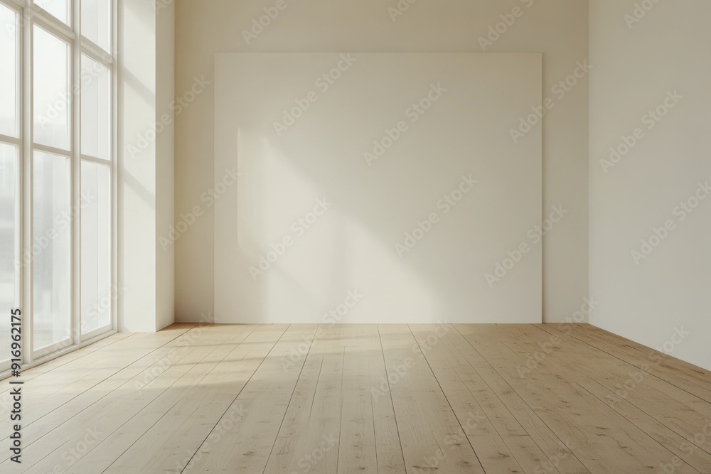 A spacious and bright modern art gallery with an empty white frame, used for mockups and designs. A spacious and bright modern art gallery with an empty white frame, used for mockups and designs.