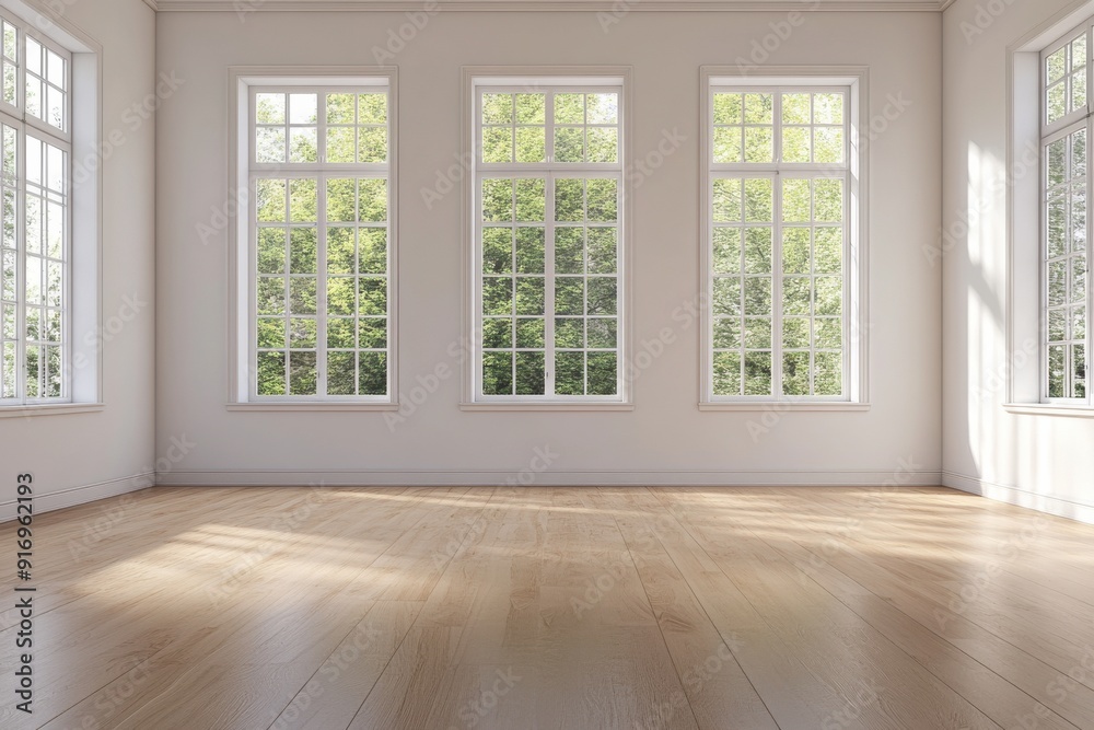 Fototapeta premium Bright empty Room with Large Windows Overlooking Forest, used for architecture and interior designs.