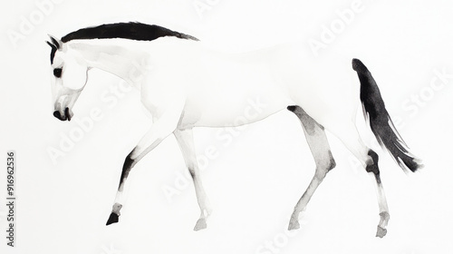 A white horse with a black mane and tail, captured in mid-stride, showcasing the animal's strength, power, and grace while in motion against a minimalist backdrop. photo