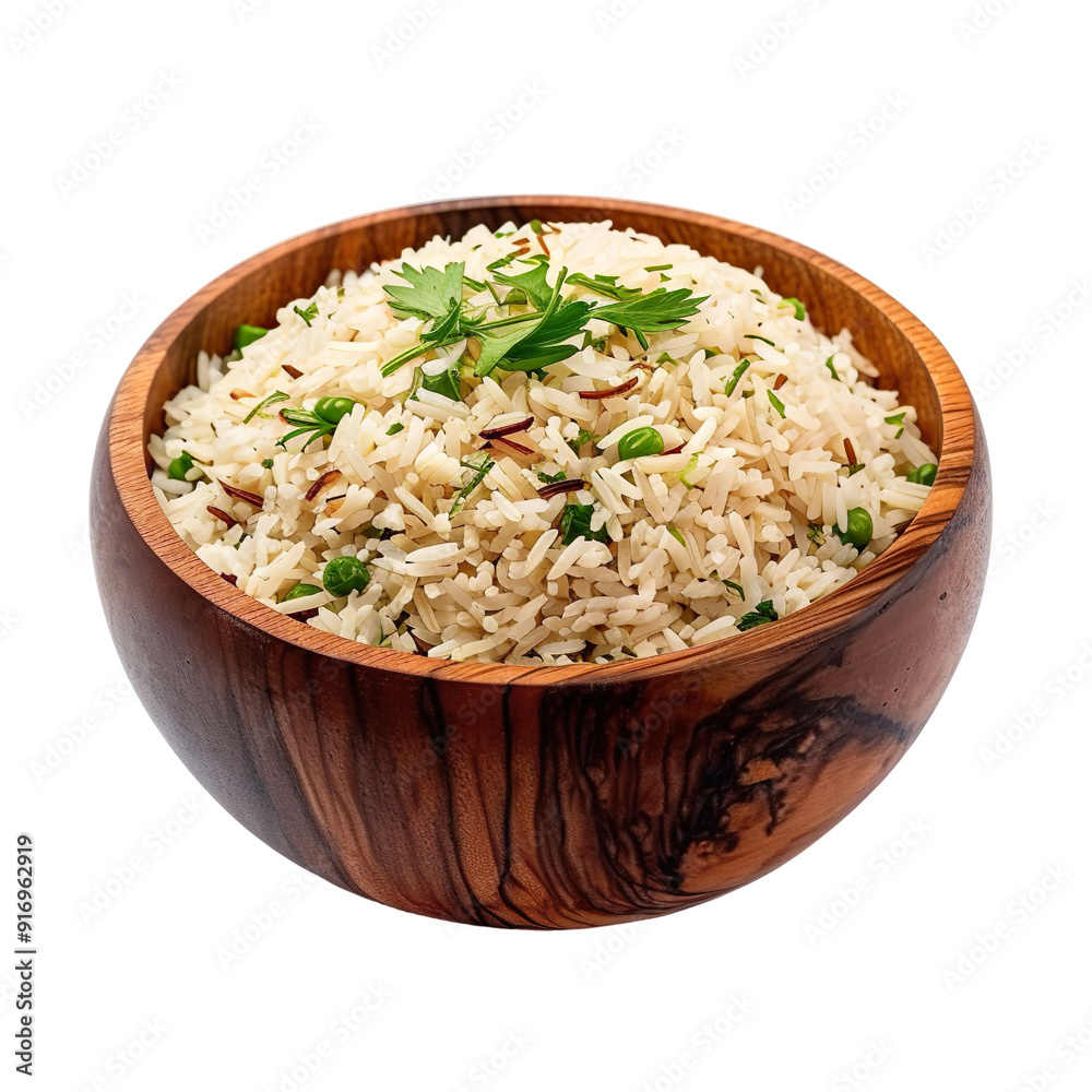 front view of delectable Arroz Imperial (Imperial Rice) in a traditional wooden bowl, isolated on a white transparent background front view of delectable Arroz Imperial (Imperial Rice) in a traditional wooden bowl, isolated on a white transparent background