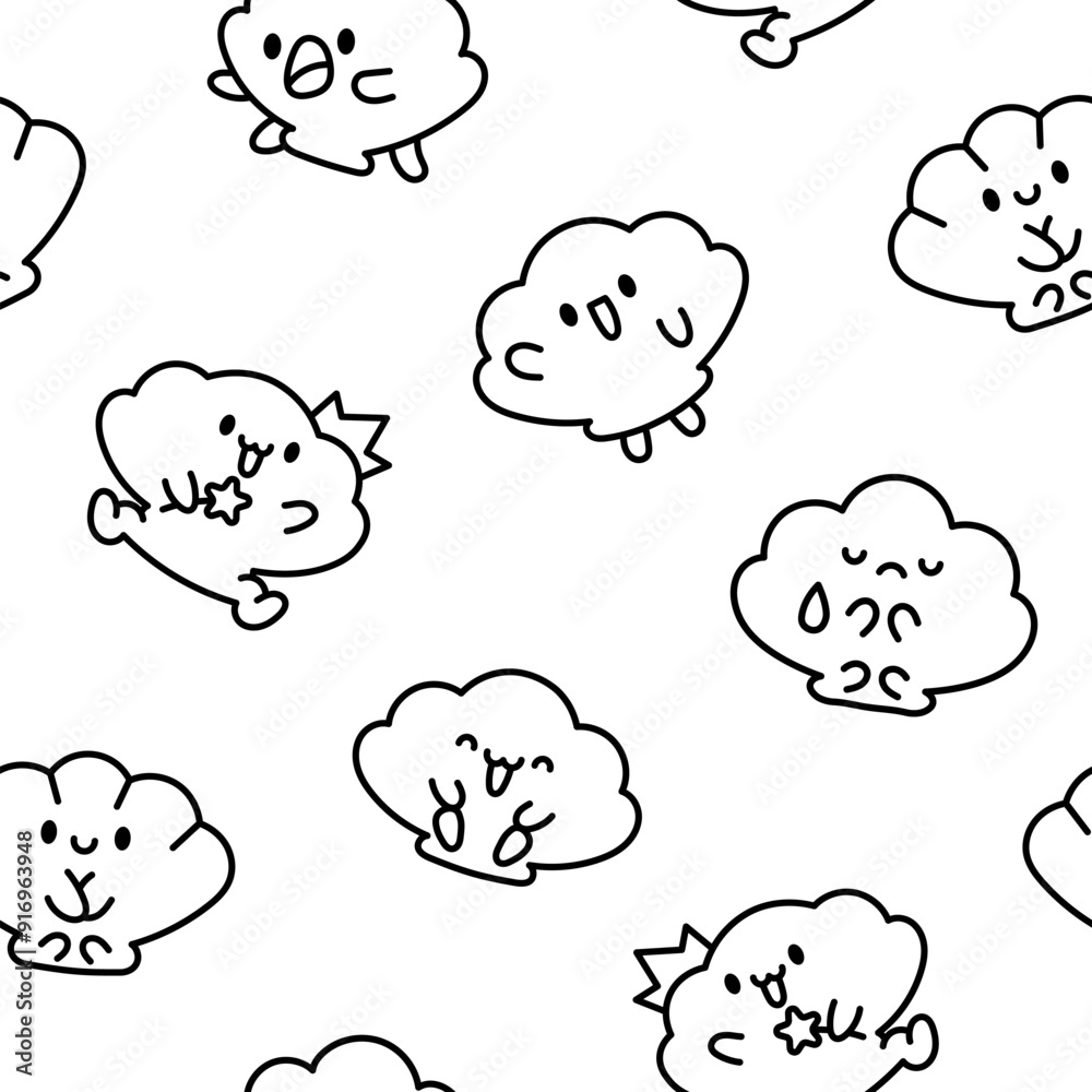 Cute seashell with smiling face. Seamless pattern. Coloring Page. Kawaii cartoon character. Hand drawn style. Vector drawing. Design ornaments. Cute seashell with smiling face. Seamless pattern. Coloring Page. Kawaii cartoon character. Hand drawn style. Vector drawing. Design ornaments.