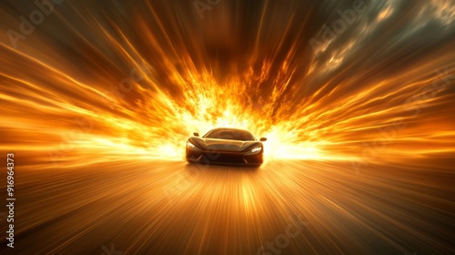 High-speed car racing through a fiery explosion at sunset on a deserted road