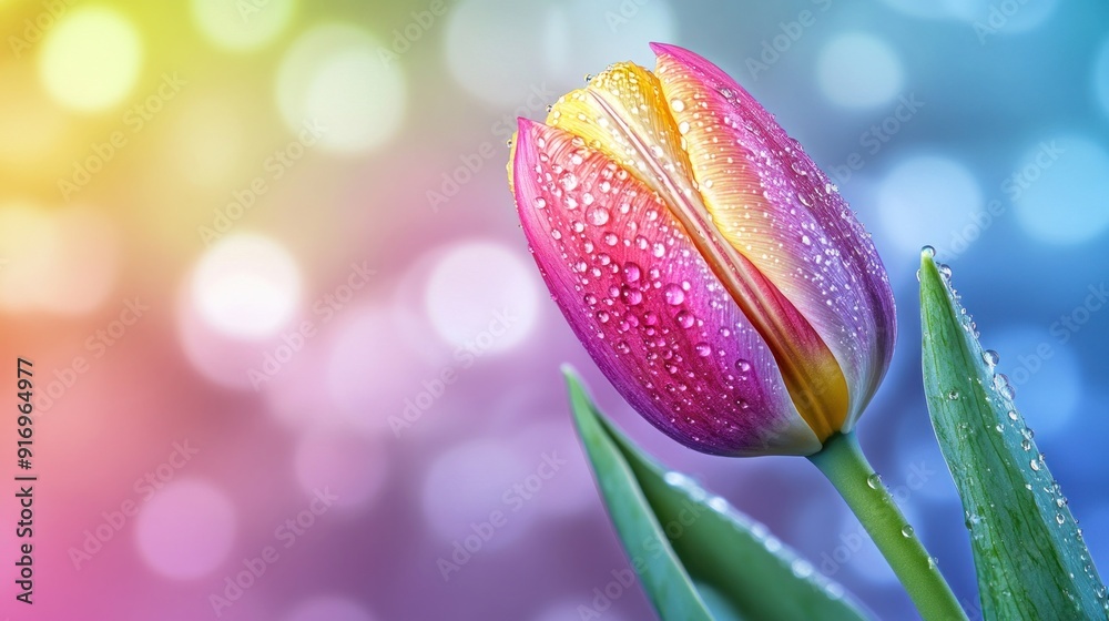 Dewy Tulip with Rainbow Background