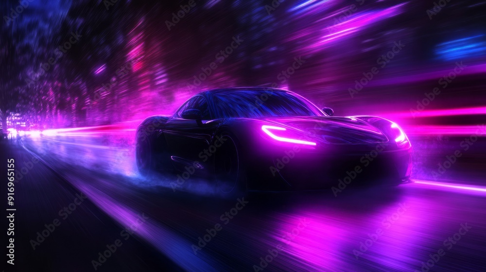 Naklejka premium A sleek sports car races down a neon-lit street at night, leaving trails of colorful light in its wake