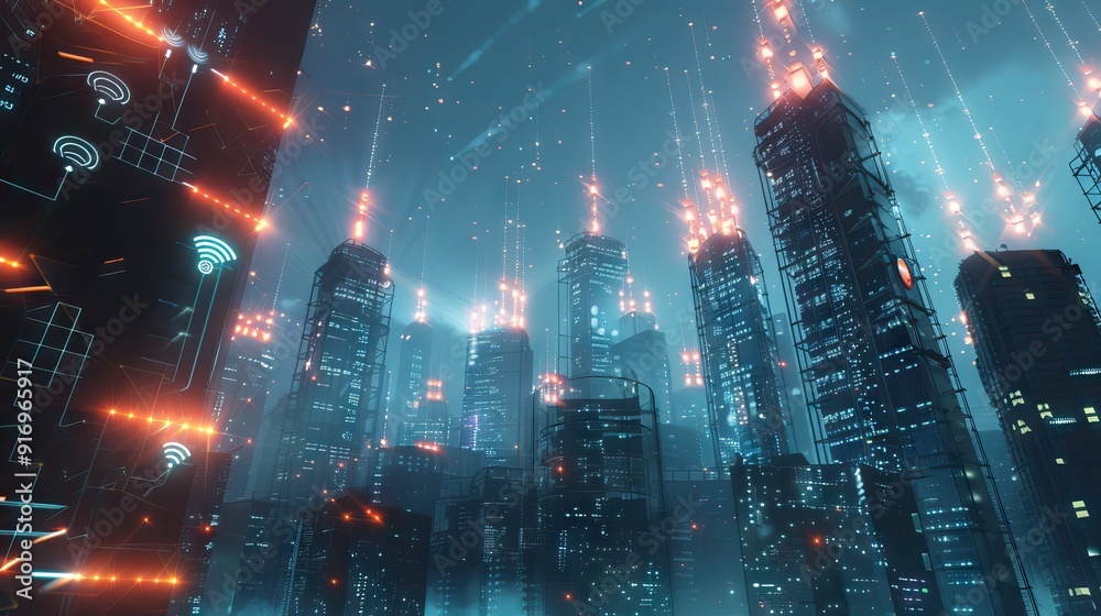 Futuristic urban skyline with digital neon buildings. AI generated illustration Futuristic urban skyline with digital neon buildings. AI generated illustration