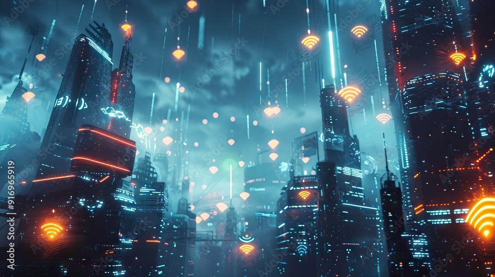 Fototapeta premium Futuristic urban skyline with digital neon buildings. AI generated illustration