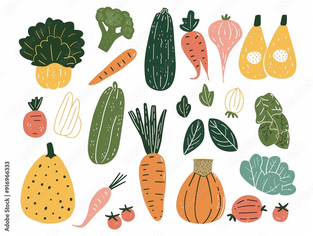 Set of various vegetables simple illustration. AI generated