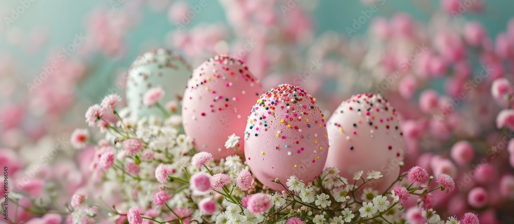 Arrangement featuring a delicious Easter cake decorated eggs and gypsophila flowers on a pink background. with copy space image. Place for adding text or design Arrangement featuring a delicious Easter cake decorated eggs and gypsophila flowers on a pink background. with copy space image. Place for adding text or design