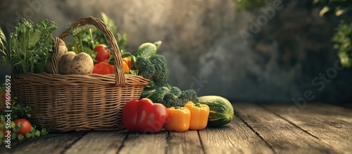 Fresh organic vegetables basket on a wooden floor with copy space in a still life setting