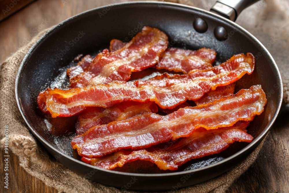 Sizzling Crispy Bacon in a Pan, the Perfect Breakfast Delight for Food Blogs, Cooking Websites, and Breakfast Menu Designs. Sizzling Crispy Bacon in a Pan, the Perfect Breakfast Delight for Food Blogs, Cooking Websites, and Breakfast Menu Designs.
