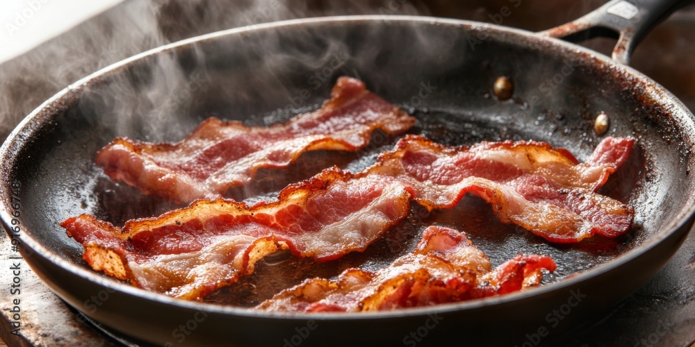 Sizzling Crispy Bacon in a Pan, the Perfect Breakfast Delight for Food Blogs, Cooking Websites, and Breakfast Menu Designs.