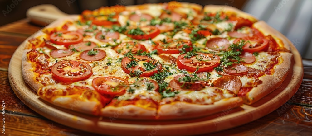 Pizza and its components are positioned side by side on the board. with copy space image. Place for adding text or design Pizza and its components are positioned side by side on the board. with copy space image. Place for adding text or design