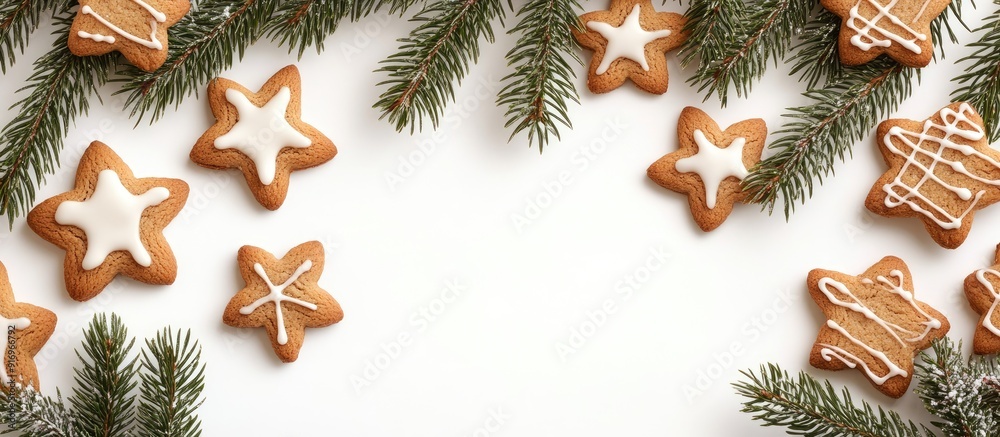 Frame crafted from fir branches and Christmas cookies on a white background. with copy space image. Place for adding text or design Frame crafted from fir branches and Christmas cookies on a white background. with copy space image. Place for adding text or design