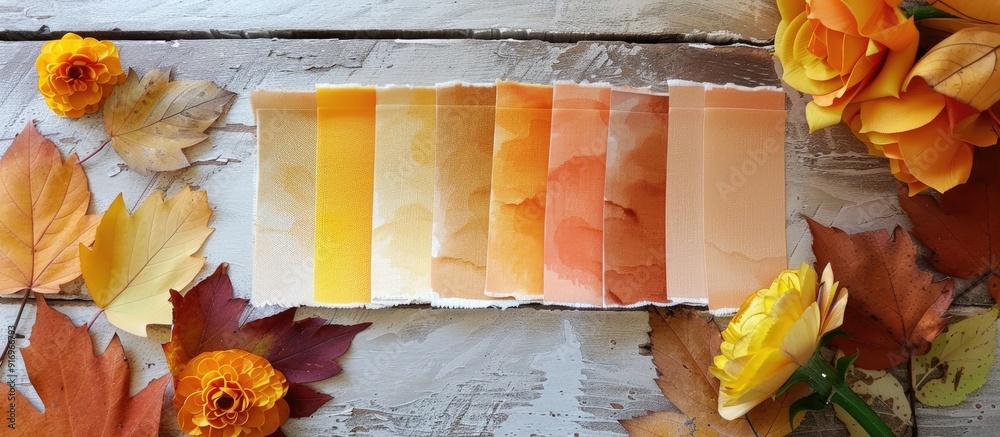 Generic sample color swatches arranged on a table The swatches feature ...