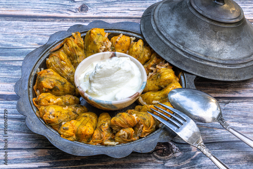 Traditional delicious Turkish - Greek cuisine, Turkish food; Stuffed zucchini flowers (Turkish name; kabak cicegi dolmasi)