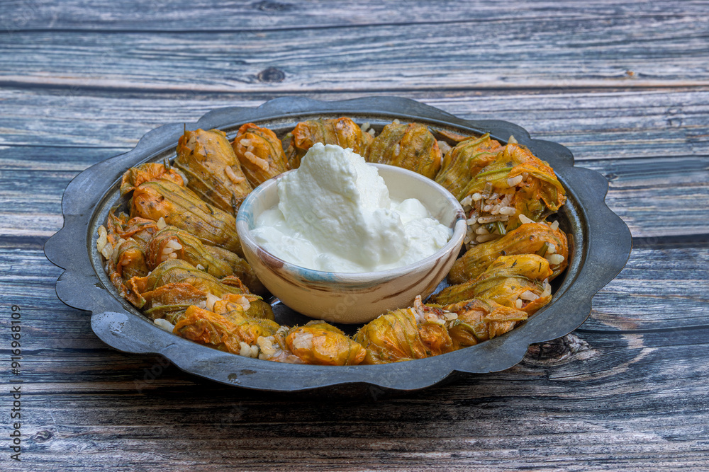 Traditional delicious Turkish - Greek cuisine, Turkish food; Stuffed zucchini flowers (Turkish name; kabak cicegi dolmasi)