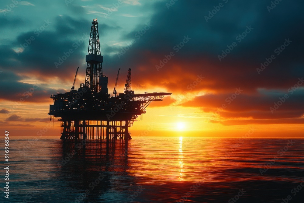 Offshore Oil Rig Silhouetted Against Vibrant Sunset Offshore Oil Rig Silhouetted Against Vibrant Sunset
