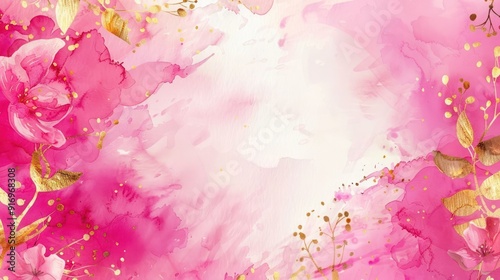 Abstract Watercolor Background in Bright Deep Pink with Golden Floral Accents for Elegant Spring Vibes