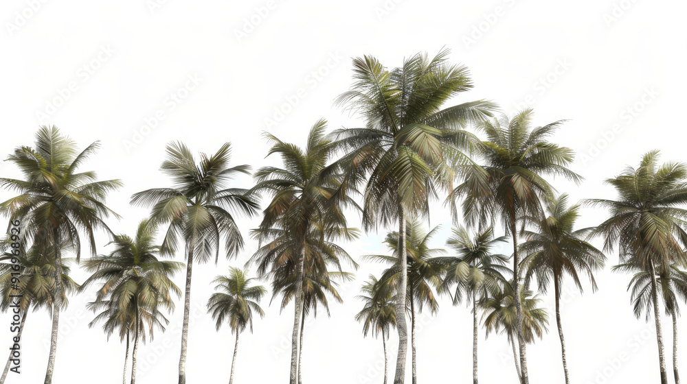 Coconut trees sway gently against a pristine white background, evoking the tranquil ambiance of a tropical beach. Coconut trees sway gently against a pristine white background, evoking the tranquil ambiance of a tropical beach.