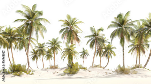 Coconut trees sway gently against a pristine white background, evoking the tranquil ambiance of a tropical beach.