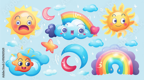 Cute weather characters like clouds, sun, and moon with happy and angry faces. Also, rainbow, wind, and tornado are shown as characters.